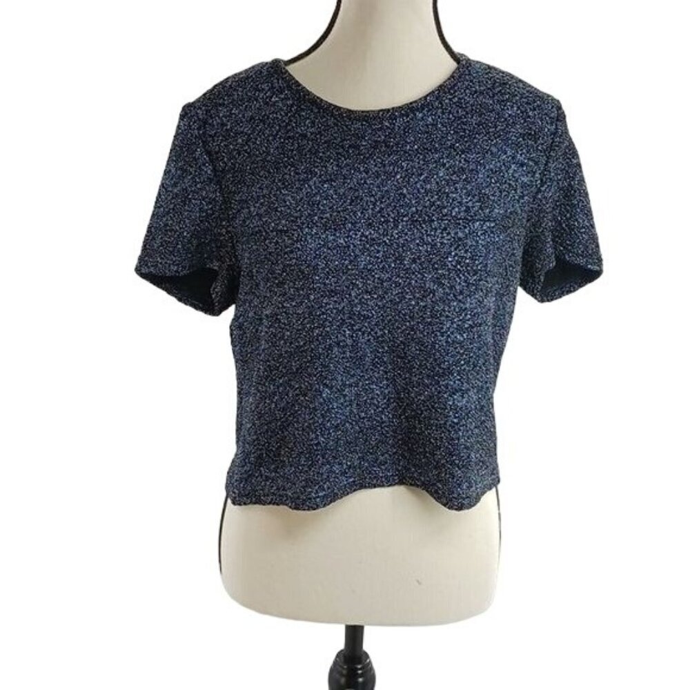 Bar III Black Metallic Knit Crop Top Womens Size S Short Sleeve Blouse